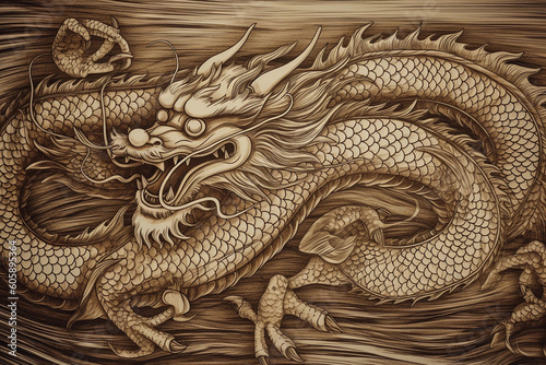 traditional wood dragon for the chinese new year 2024 as wooden engraving, generative ai