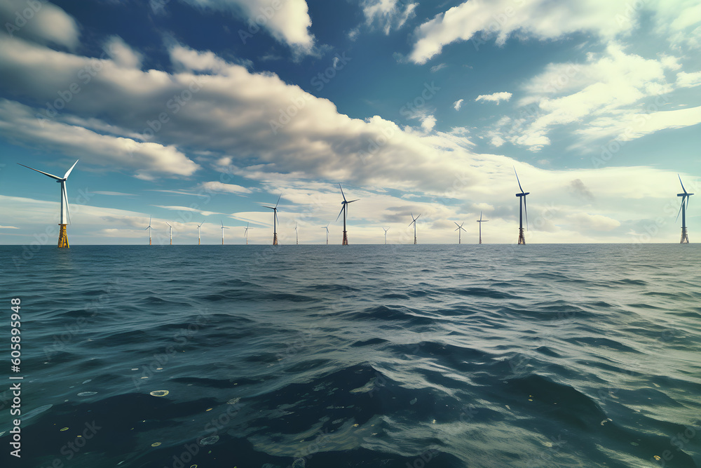 Offshore Wind farm calm sea blue sky Offshore Wind farm calm sea blue sky