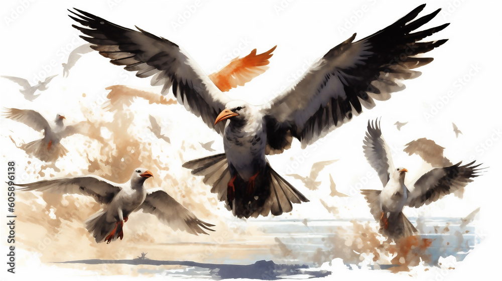 Fototapeta premium Generative AI, Feathers and Fury: Seagull Skirmish