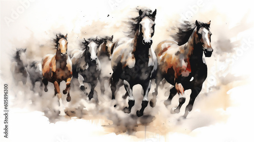 Generative AI, Unbridled Freedom: Watercolor Drawing of a Herd of Wild Horses photo
