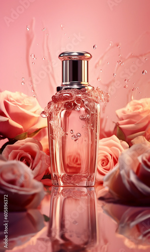 One small glass perfume surrounded by large pink roses,Generative AI
