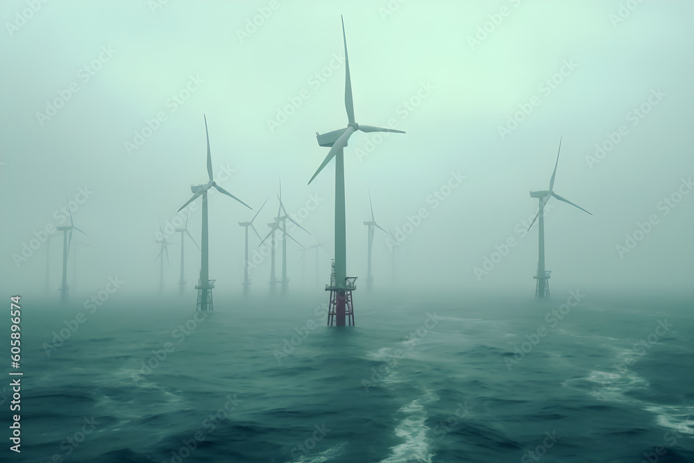 Offshore wind farm in foggy sea