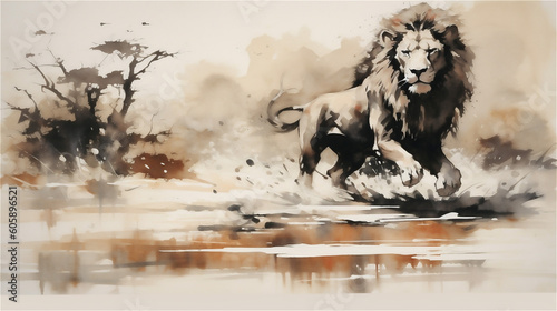 Generative AI, Fierce Pursuit: Watercolor Drawing of a Lion Chasing