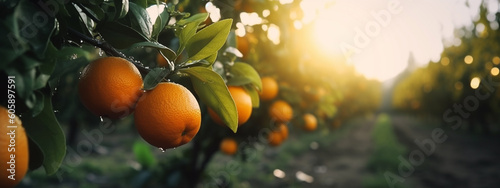 An orange grows on a tree, Orchard. Generative AI