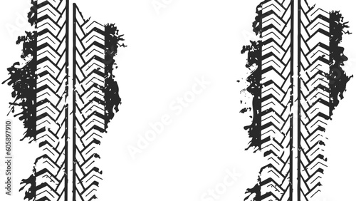 Black tire marks on a white background with a worn effect and splashes of dirt. Vector isolated texture .Tire tracks background for rally, drift, motocross, off-road and other auto and motorsport. 