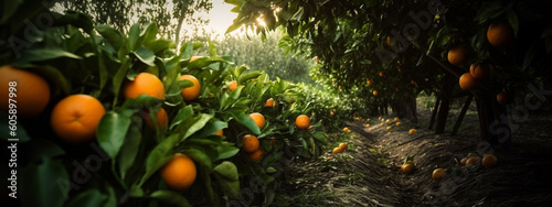 An orange grows on a tree, Orchard. Generative AI