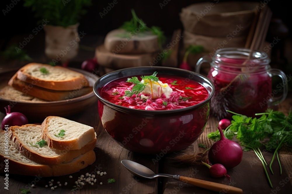 Hot Borscht cinematic light, famous food in France in the professional background, Traditional Slavic dish with beets, cabbage, tomatoes generative AI Hot Borscht cinematic light, famous food in France in the professional background, Traditional Slavic dish with beets, cabbage, tomatoes generative AI