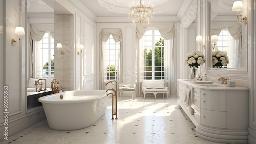 Bright elegant bathroom interior in a luxury house. Generative Ai