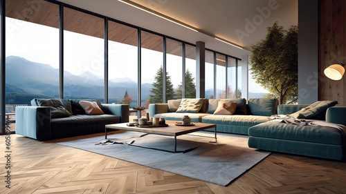 Elegant and comfortable designed living room with big corner sofa  wooden floor and big windows. Generative Ai