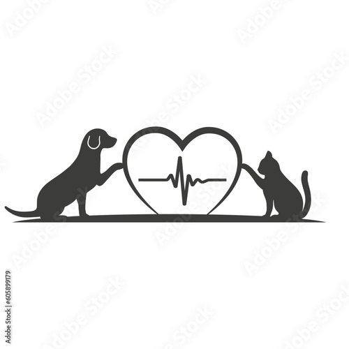 Veterinary clinic logo illustration. Dog and cat with a pulse in the heart on a white background