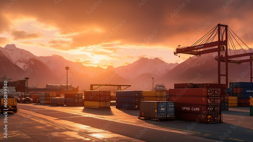 Fototapeta premium container terminal in the port at sunrise. Generative Ai