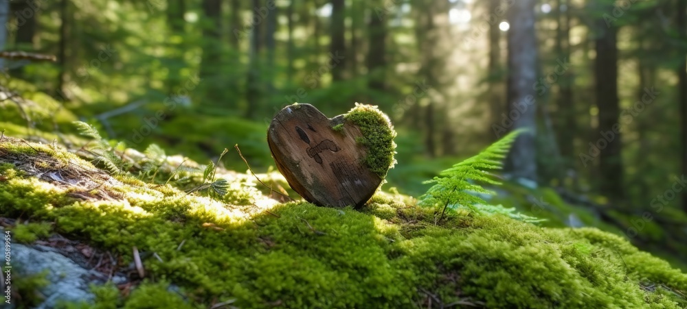 Forest love background - Wooden mossy herat on moss in the woods, illuminated by the sun (Generative Ai)
