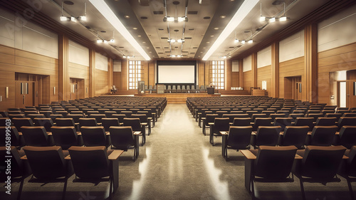 Modern auditorium interior with lecturer desk and rows of vintage chairs in luxury training center. Generative Ai