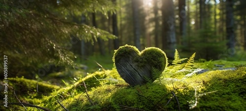 Forest dig cemetery, funeral background - Closeup of wooden heart on moss. Natural burial grave in the woods. Tree burial (Generative Ai)
