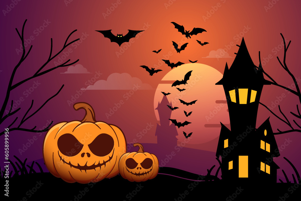 Halloween background with spooky pumpkins, horror house and bat silhouettes in flat design