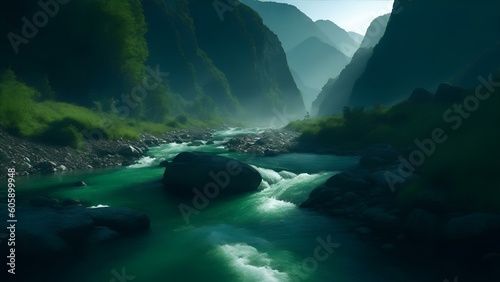 Green dark mountains with a river flowing, light