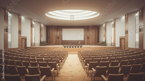 Modern auditorium interior with lecturer desk and rows of vintage chairs in luxury training center. Generative Ai photo