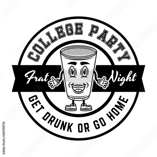 Collage party vector round monochrome emblem, badge, label or logo with plastic cup of beer cartoon smiling character illustration on white background