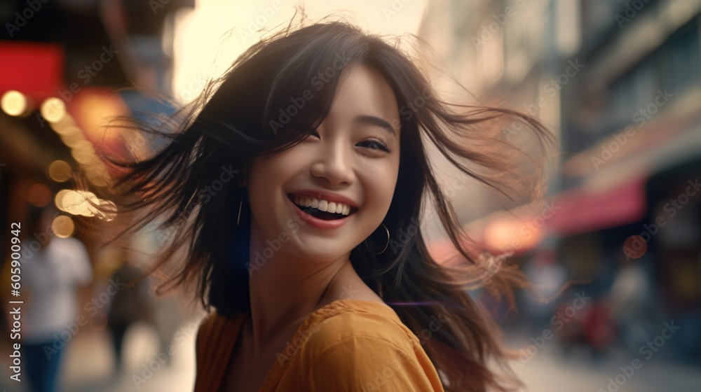 Portrait of young beautiful asian woman with flying hair in the city.Generative Ai