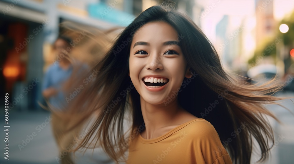 Portrait of young beautiful asian woman with flying hair in the city.Generative Ai