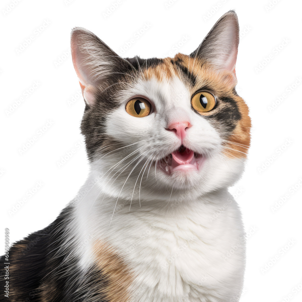 a Calico cat, portrait, side and 3/4 view, fluffyl and furry pet, Pet-themed, photorealistic illustrations in a PNG, cutout, and isolated. Generative AI a Calico cat, portrait, side and 3/4 view, fluffyl and furry pet, Pet-themed, photorealistic illustrations in a PNG, cutout, and isolated. Generative AI