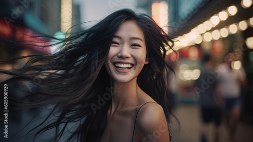 Portrait of young beautiful asian woman with flying hair in the city.Generative Ai
