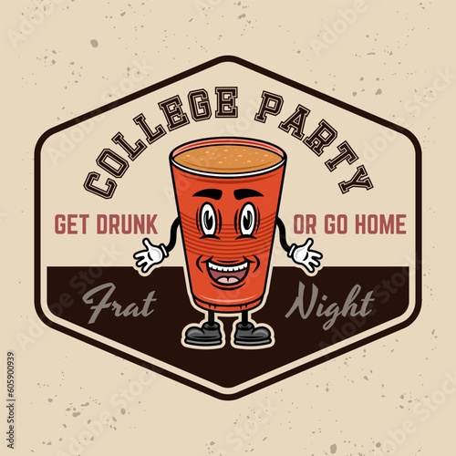 Collage party vector emblem, badge, label or logo with plastic cup of beer cartoon smiling character illustration on light textured background