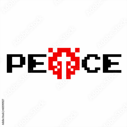 Illustration design of word " Peace " in pixel style with concept of heart and cross on letter A. ©  K REEM STUDIO