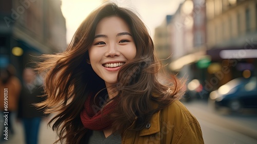 Portrait of young beautiful asian woman with flying hair in the city.Generative Ai