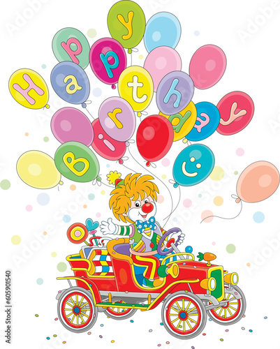 Happy birthday card with a funny circus clown friendly smiling and waving in greeting in a toy retro car and colorful holiday balloons flying around, vector cartoon illustration on white