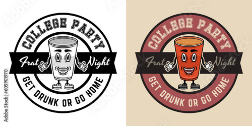 Collage party vector round emblem, badge, label or logo with plastic cup of beer cartoon smiling character. Two styles monochrome and colored