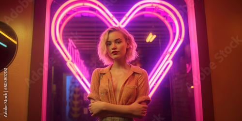 Young beautiful woman posing over lighting neon heart shape, Generative AI