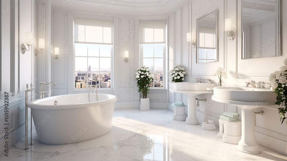 Bright elegant bathroom interior in a luxury house. Generative Ai Bright elegant bathroom interior in a luxury house. Generative Ai