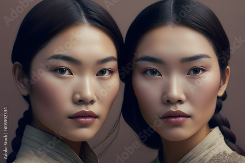 Two beautiful asian girls twins, next to each other portrait. Generative AI.