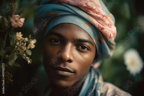 Portrait of stylish young man with floral turban. Generative AI, Generative AI