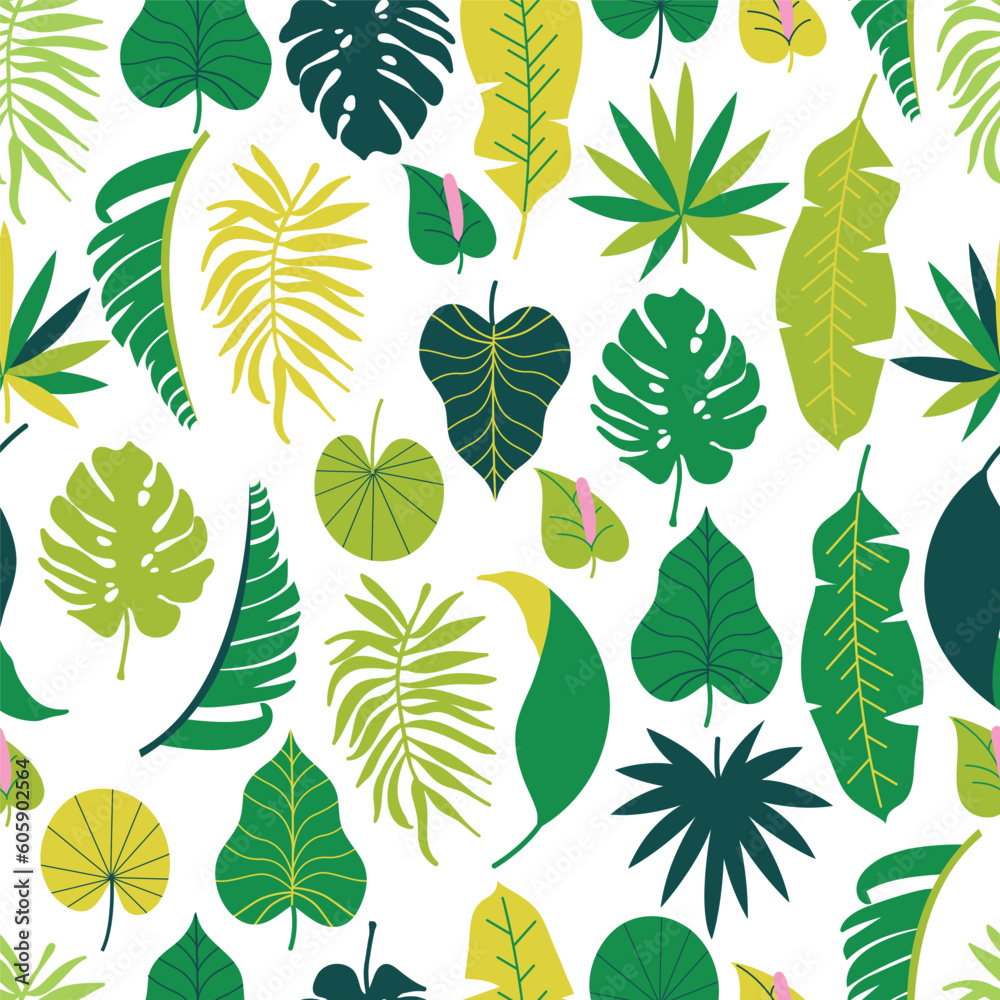 Tropical leaves seamless pattern. Exotic green leaves for fabric, print, cover, banner and invitation, Vector stock illustration.