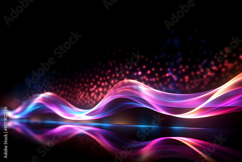 vibrant neon glowing abstract futuristic background with high speed moving wave lines in the black background. Generative ai.