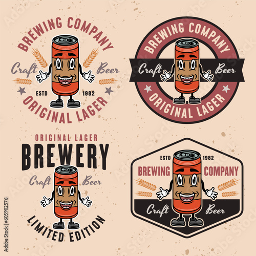 Brewery company set of vector emblems, badges, labels or logos with beer can smiling character on light background