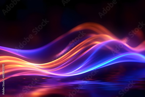 vibrant neon glowing abstract futuristic background with high speed moving wave lines in the black background. Generative ai.