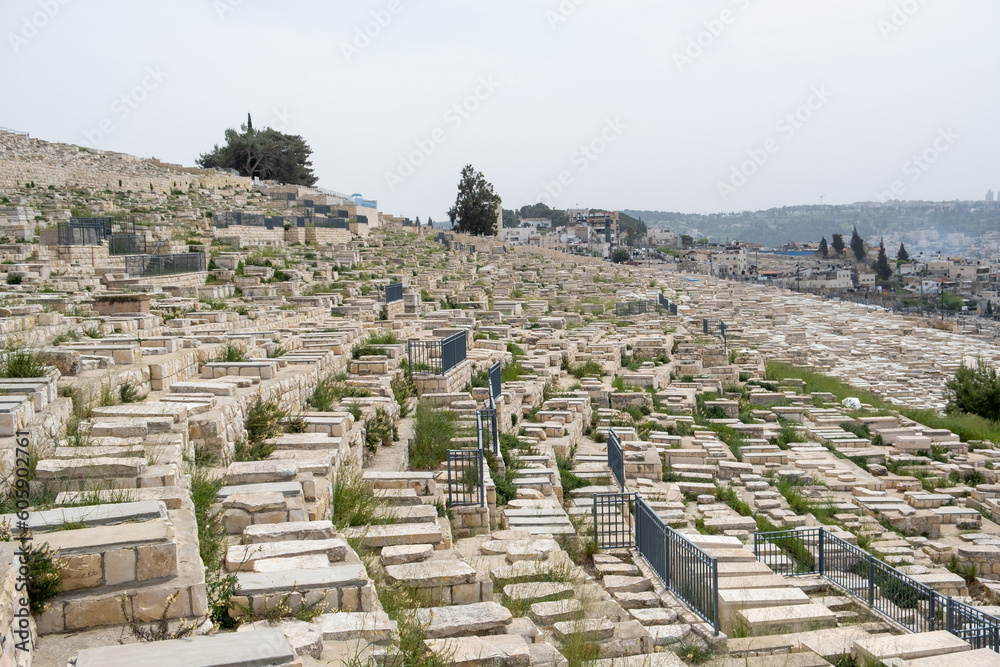View of jewish cemetery in Jerusalem Israel.