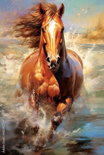 Horse running through water, dynamic, movement, beautiful oil painting, fine art, award-winning art