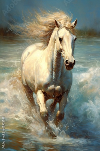 Horse running through water, dynamic, movement, beautiful oil painting, fine art, award-winning art