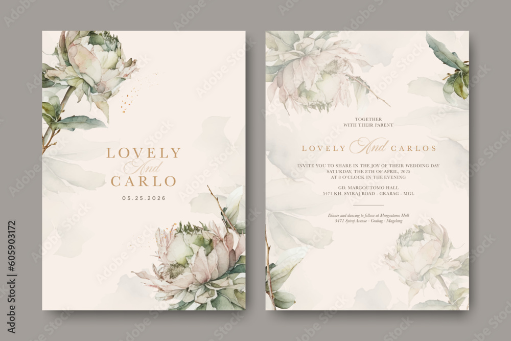 wedding invitation card set with peony flowers watercolour