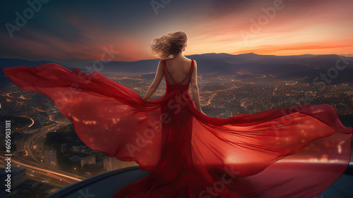 Fashion Woman in Red fluttering Dress Back Side Rear View. Glamour Model dancing with Long Silk Fabric flying on Wind over Night Sky City Light Landscape. Generative Ai