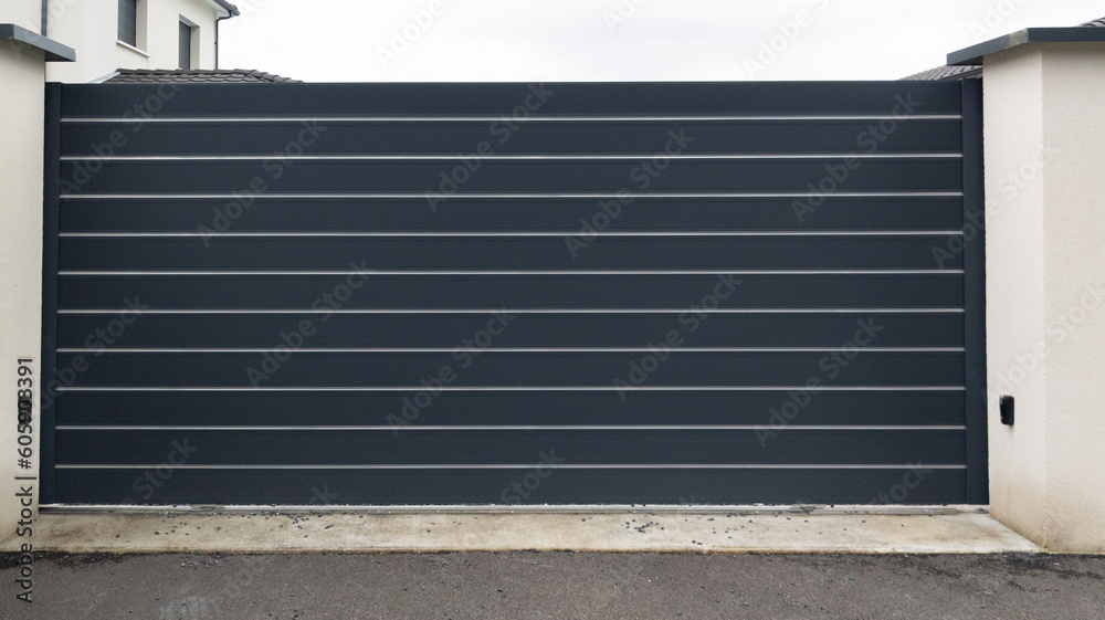 portal gray aluminum large car slide home gate grey modern facade house in street suburb portal gray aluminum large car slide home gate grey modern facade house in street suburb