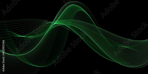 Abstract shiny color green wave design element on dark background. Science design