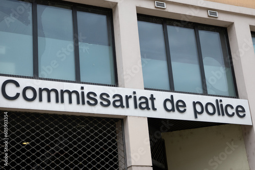 commissariat de police sign text french and logo brand front of office  national police station in town center photo