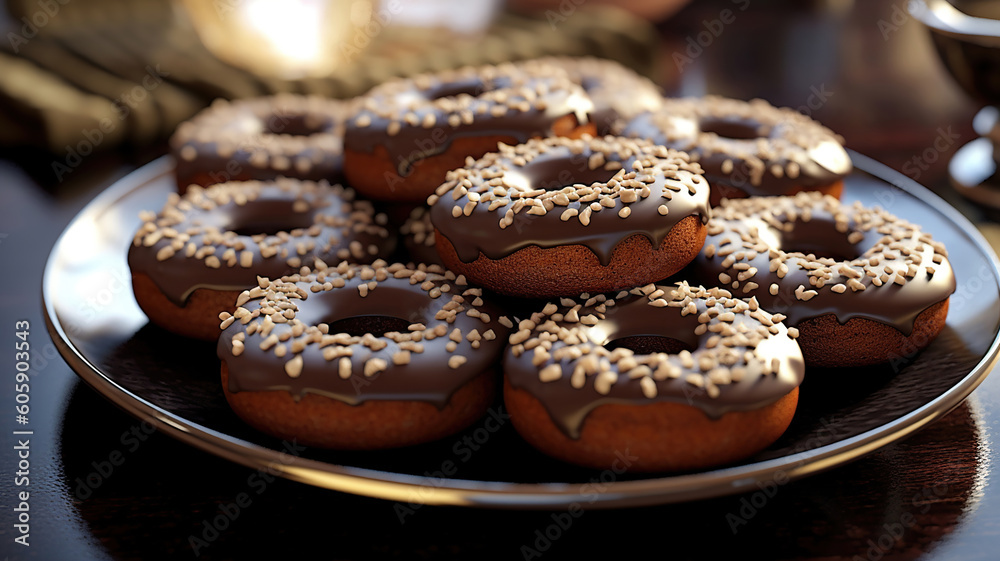 chocolate donuts on a plate on an empty coffee table. Generative Ai