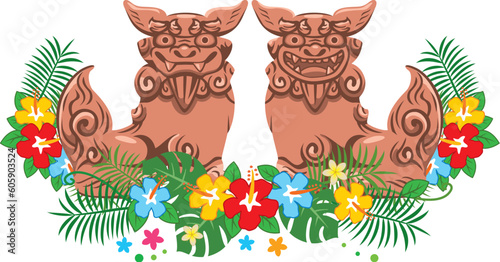 沖縄の守り神シーサーと南国植物のイメージイラスト