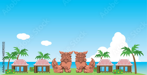シーサーと沖縄の風景のイメージイラスト